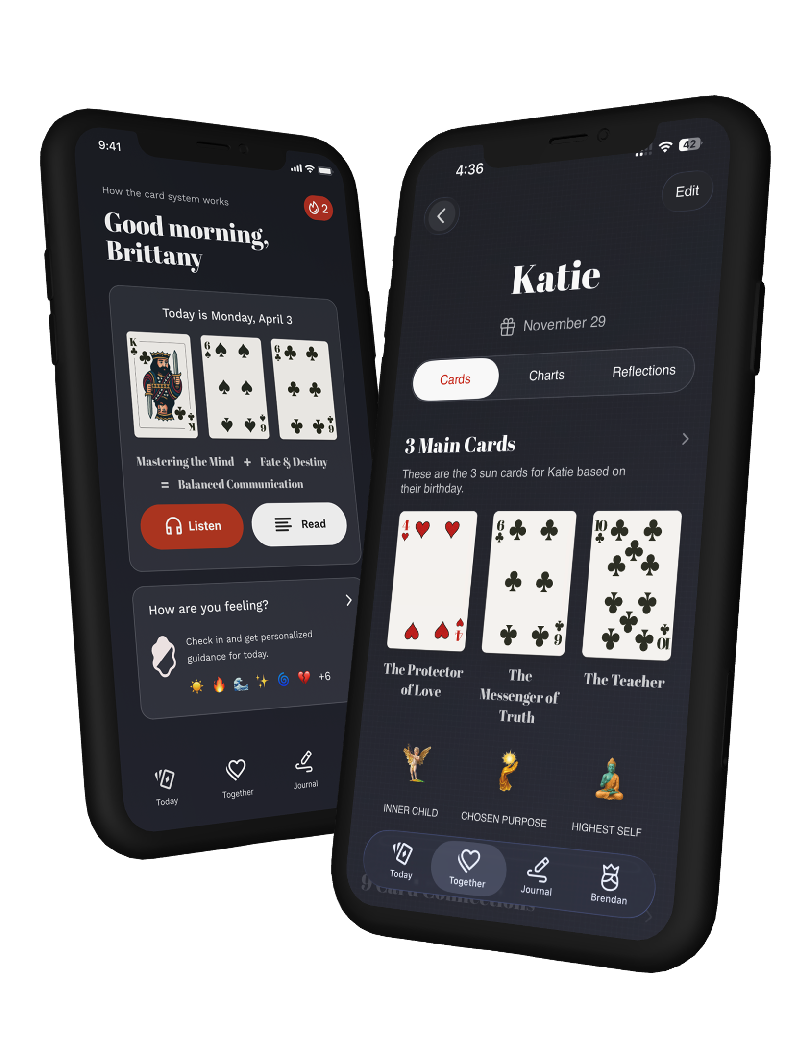 Cardy app showing daily card readings and friend profiles